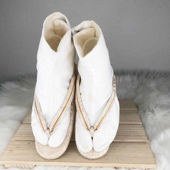 Vintage Japanese Silk Handmade Geisha Gold & Cream Floral Sandal Clog Size 7.5 - Picture 6 of 9